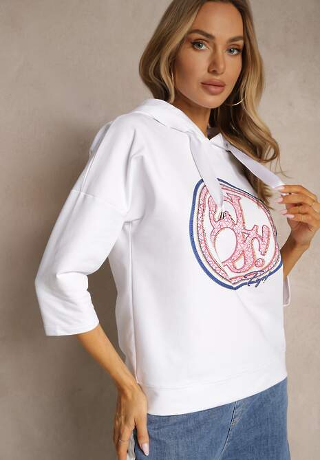Biała Bluza z Kapturem Ozdobnym Nadrukiem i Rękawami 3/4 Saniressa
