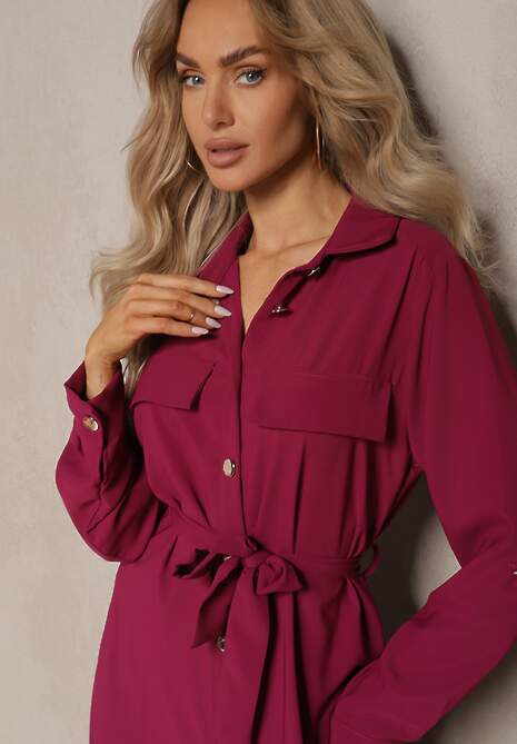 Bordowa Rozkloszowana Sukienka o Koszulowym Kroju z Guzikami Wiązana w Talii Kortiana