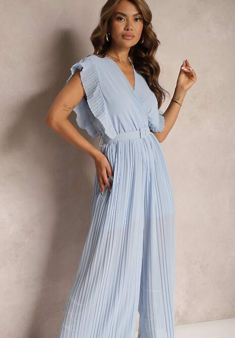 Jasnoniebieski Plisowany Kombinezon z Falbankami i Szerokimi Nogawkami Jarina