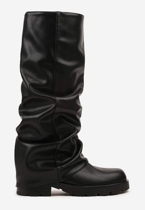 Czarne Marszczone Kozaki z Cholewką Imitującą Nogawkę Nalomassa