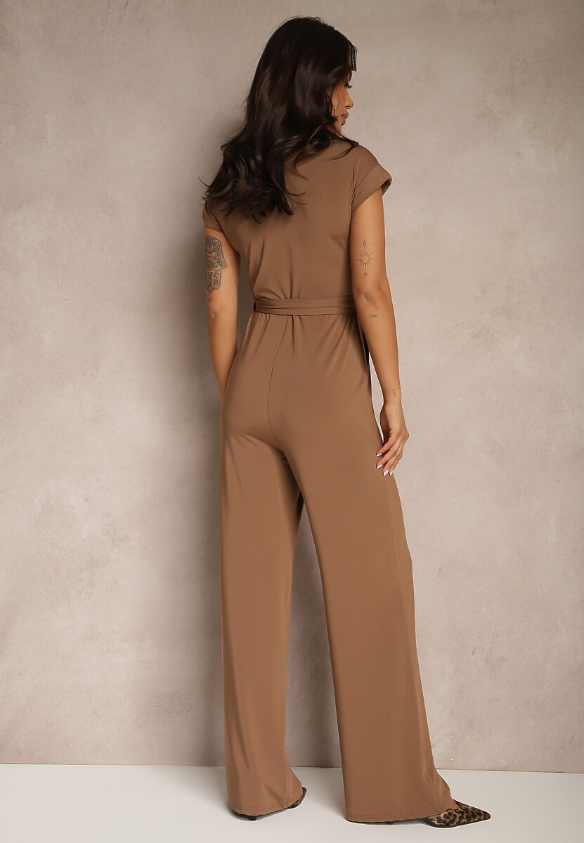 Brązowy Kombinezon z Wiskozą o Koszulowym Kroju z Wiązanym Paskiem Ninathra