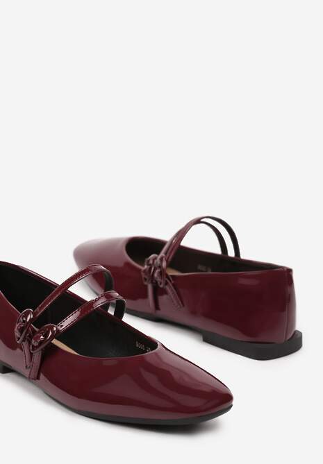 Bordowe Balerinki Płaskie Lakierowane z Paskami na Sprzączkę i Kwadratowym Noskiem Mailene