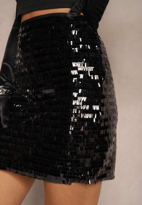 Czarna Spódnica z Gumką w Pasie Ozdobiona Cekinami Quinrira