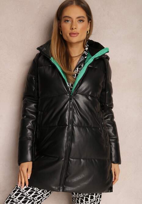 Czarno-Zielona Kurtka Pikowana z Imitacji Skóry Helle