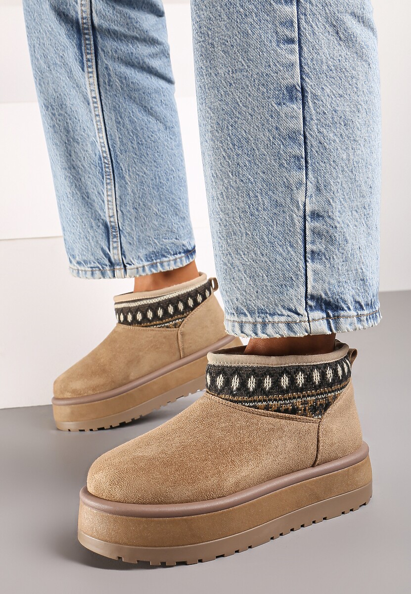 Ciemnobeżowe Śniegowce na Wysokiej Platformie Ozdobione Wzorzystą Wstawką Sinalora