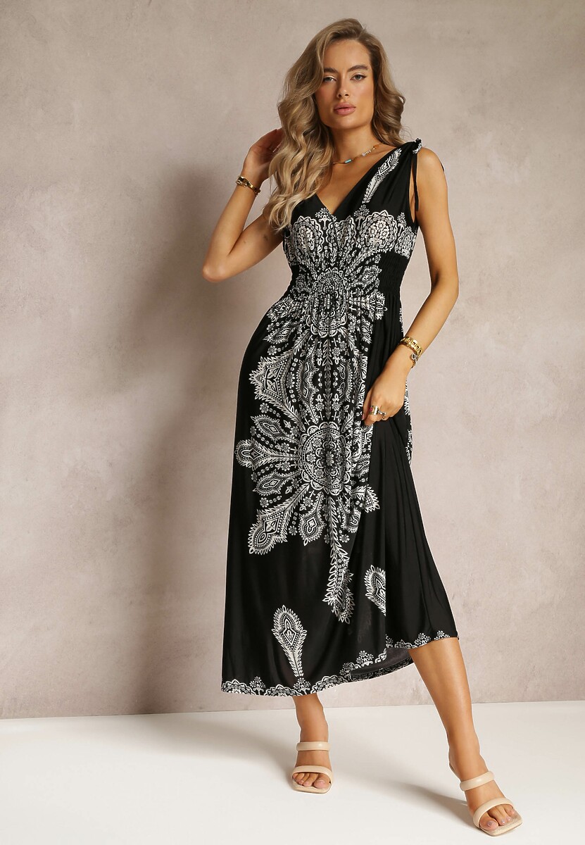 Czarna Długa Sukienka z Wzorem Boho Sznurkami na Ramionach i Gumką w Pasie Hideni