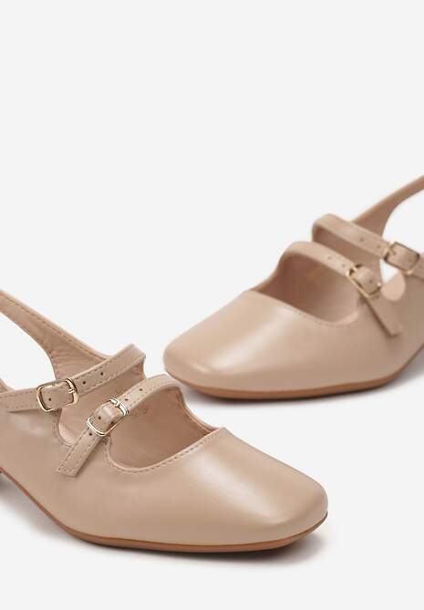 Beżowe Czółenka z Imitacji Skóry ze Sprzączkami na Niskim Słupku Anelive