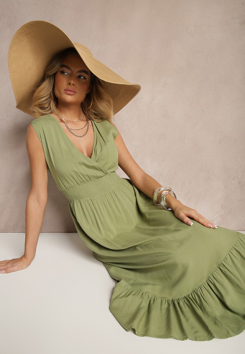 Niebieska Kopertowa Sukienka z Wiskozy Zdobiona Falbanką Ularisela