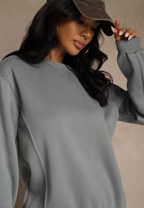 Szara Bluza z Bawełną i Przeszyciami przy Dekolcie Fezanna