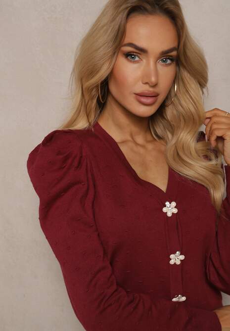 Bordowy Rozpinany Kardigan z Wiskozą Ozdobiony Guzikami Kwiatkami Enarine