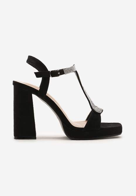 Czarne Sandały z Wyściółką z Imitacji Skóry na Słupku Ozdobione Cyrkoniami ze Sprzączką Nittima