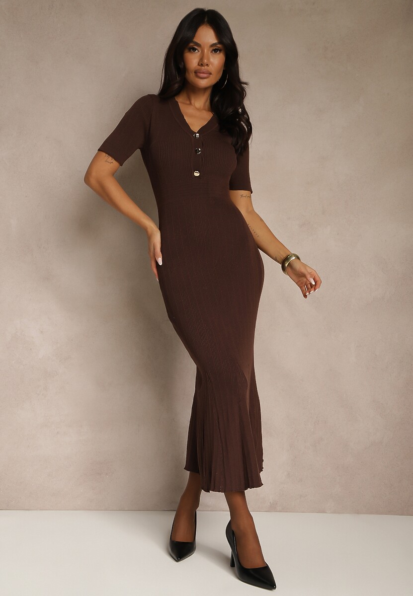 Czarna Taliowana Sukienka z Dzianiny z Wiskozą z Guzikami przy Dekolcie Fenittia