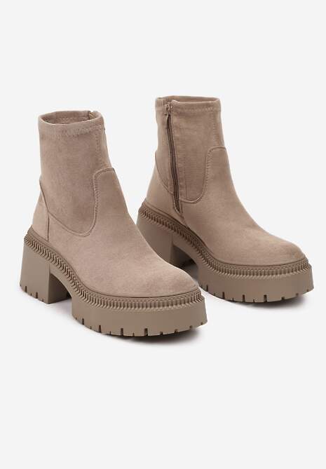 Ciemnobeżowe Botki Sztyblety na Słupku z Dopasowaną Cholewką Hesliara