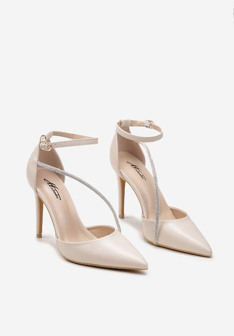 Beżowe Szpilki z Cyrkoniami na Pasku i Zapięciem przy Kostce Zefiria