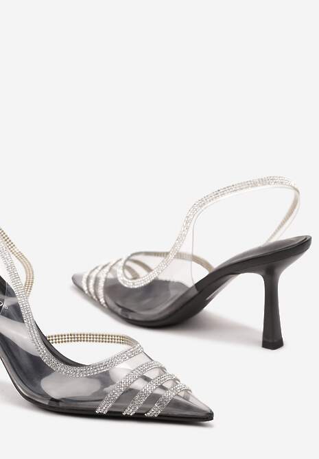 Czarne Sandały Transparentne z Cyrkoniami na Obcasie Typu Szpilka Felinira