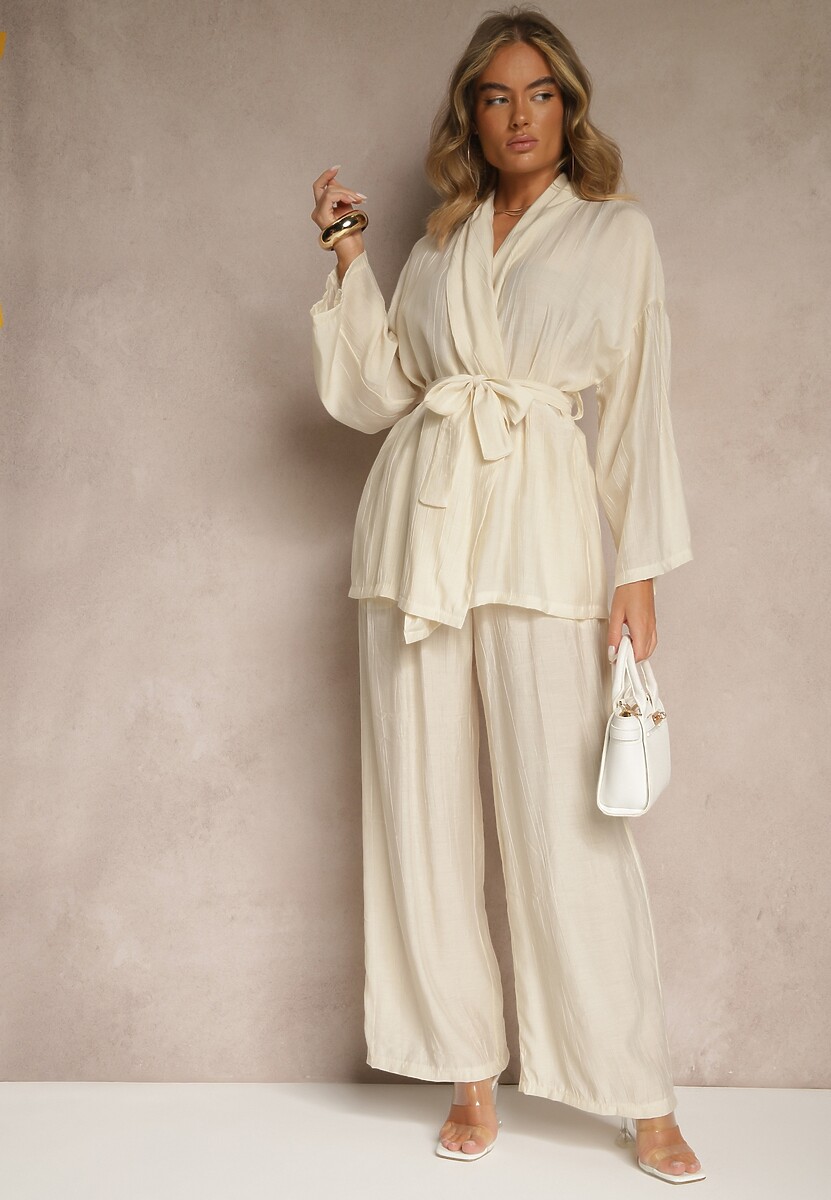 Beżowy Komplet z Wiskozy Spodnie o Szerokim Kroju i Bluzka z Wiązaniem Livelia