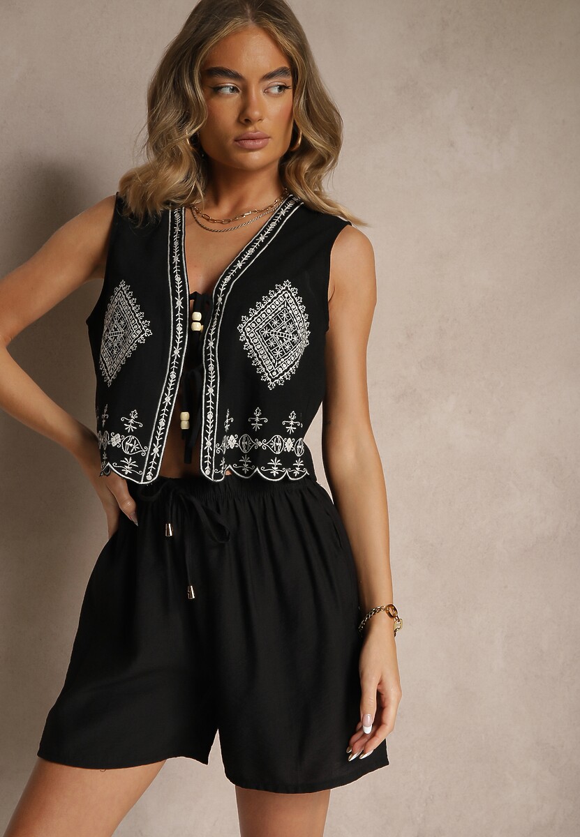 Czarne Szorty z Bawełny High Waist z Wiązaniem Filorella