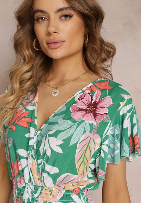 Zielona Kopertowa Sukienka Mini w Kwiaty z Gumkami w Pasie i Falbanką Kellana