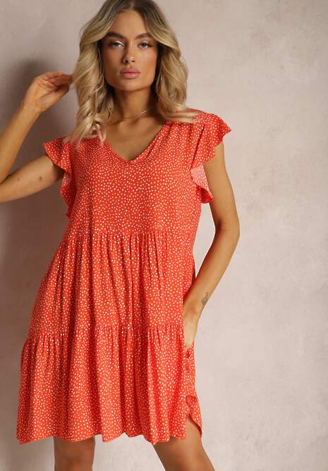 Pomarańczowa Rozkloszowana Sukienka z Bawełny w Kropki z Trójkątnym Dekoltem Riessa