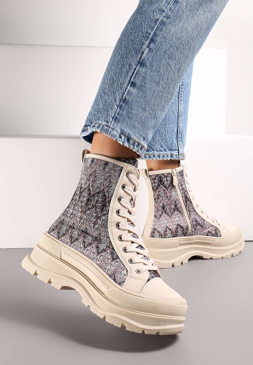 Beżowe Sznurowane Botki Ozdobnie Wyszywane na Płaskiej Podeszwie z Protektorem Faraine