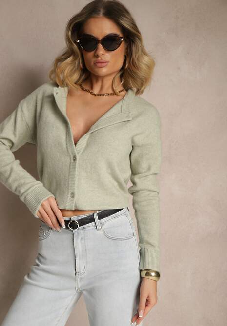 Jasnozielony Klasyczny Kardigan z Zaokrąglonym Dekoltem Reonira