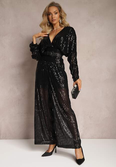 Czarny Długi Kombinezon w Cekiny z Wycięciami Tivolia