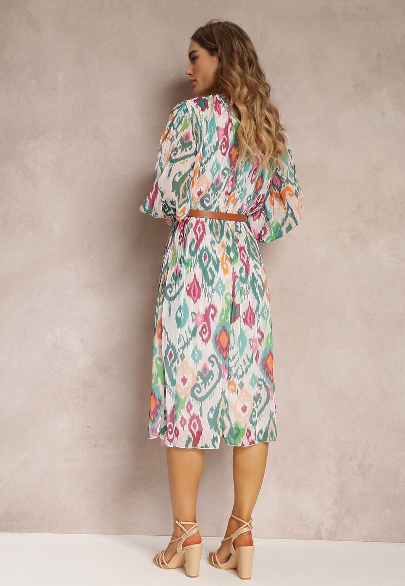 Zielona Rozkloszowana Sukienka z Plisowaniem i Paskiem Thelosine