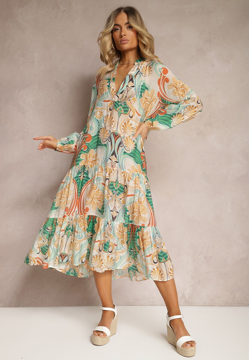 Beżowo-Zielona Sukienka o Rozkloszowanym Kroju z Długim Rękawem i Falbanką Dollati