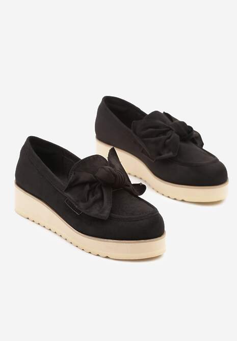 Czarne Mokasyny z Ekozamszu na Niskiej Platformie z Ozdobną Kokardą Nusalena