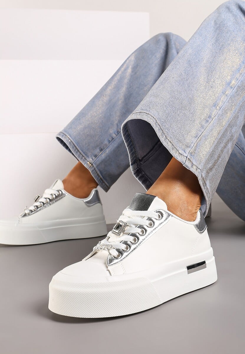 Niebieskie Casualowe Sneakersy na Platformie Ozdobione Cyrkoniami i Metalicznymi Wstawkami Primaria