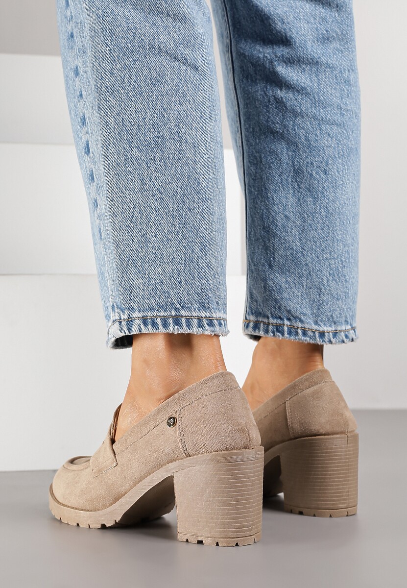 Ciemnobeżowe Półbuty Mokasyny z Ekozamszu na Słupku i Platformie Andarco