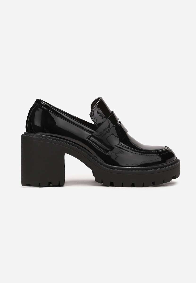 Czarne Lakierowane Mokasyny na Słupkowym Obcasie i Grubej Podeszwie Dimere