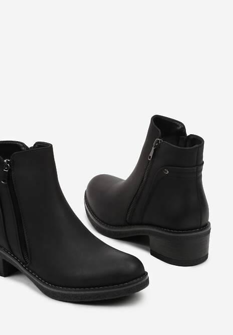 Czarne Botki z Niską Cholewką z Ozdobnym Suwakiem Ilonela