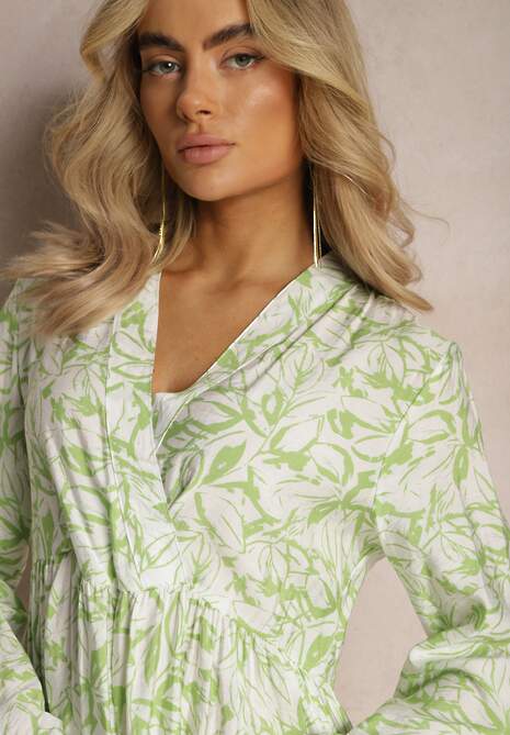 Zielono-Biała Kopertowa Sukienka Mini z Falbanką i Ozdobnym Printem Oletia