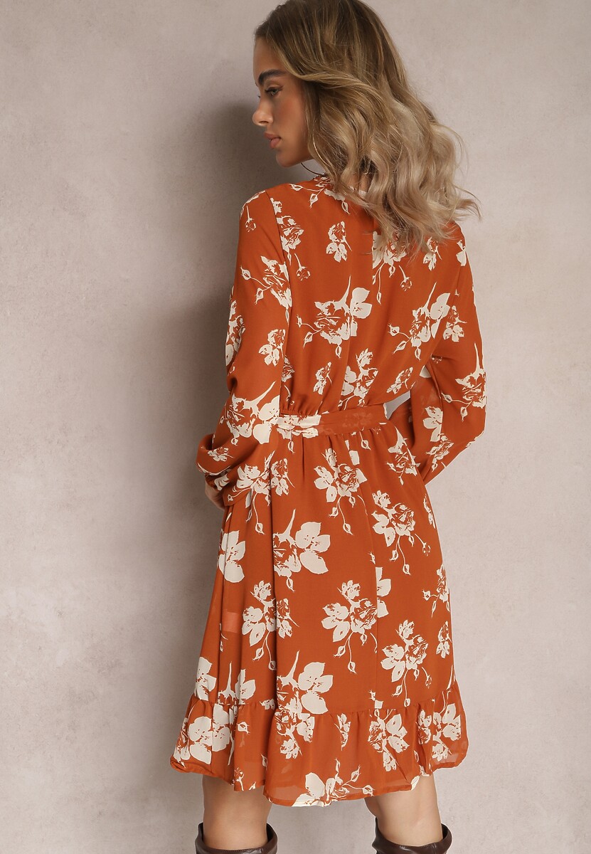 Jasnobrązowa Rozkloszowana Sukienka Mini w Kwiaty i Gumką w Pasie Elandri