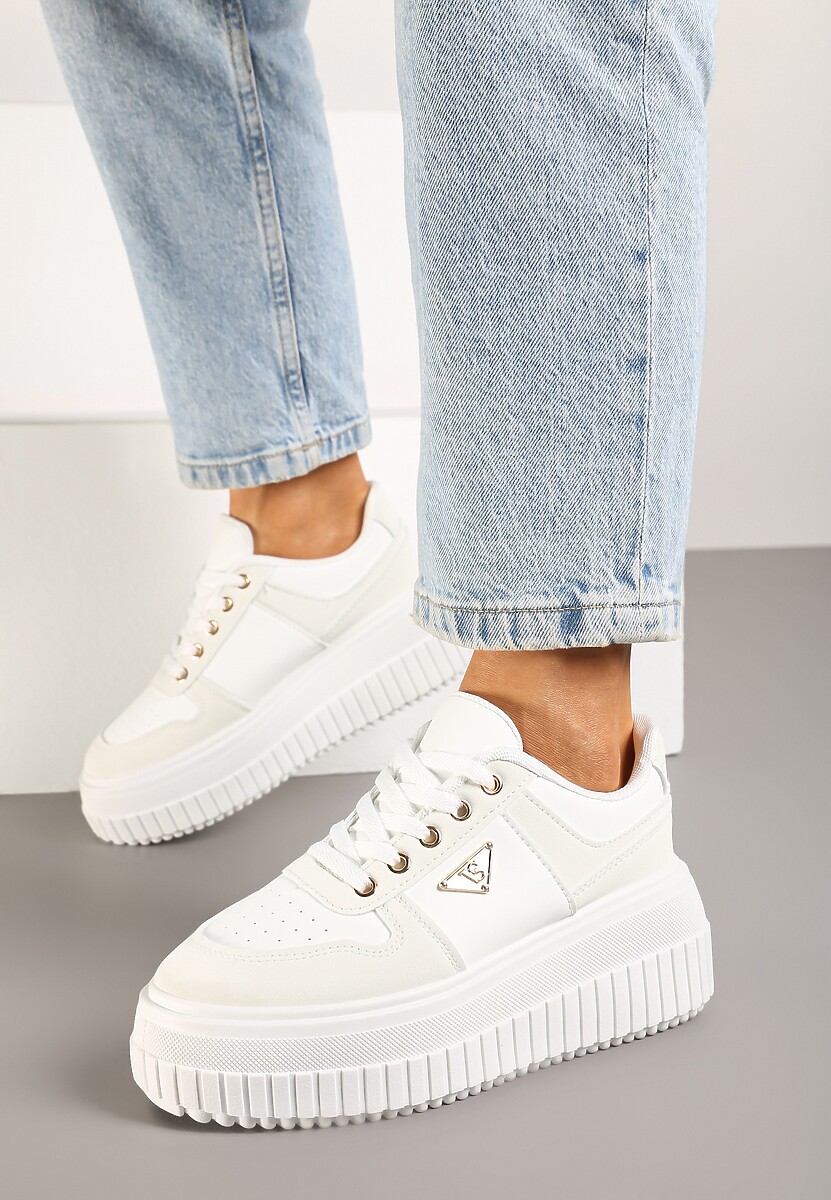 Białe Sznurowane Sneakersy Vices Tłoczonej Platformie Ozdobione Trójkątem Raviri