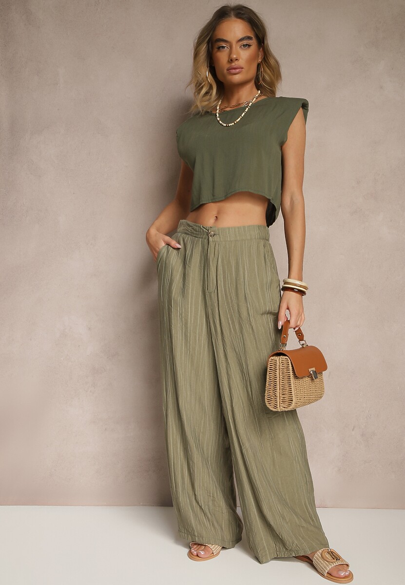 Ciemnozielone Spodnie o Szerokim Kroju High Waist Natoreia