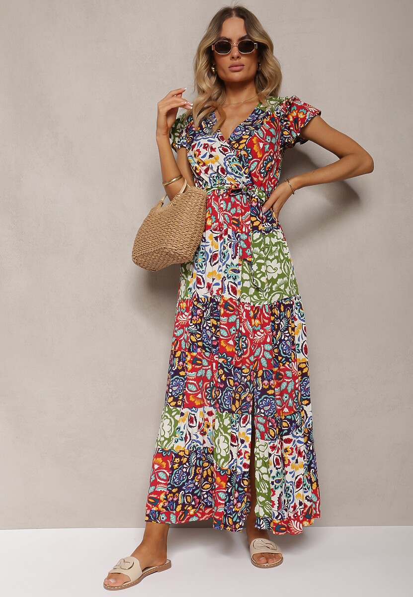 Czerwono-Niebieska z Krótkim Rękawem z Wiskozy z Gumką w Talii z Materiałowym Paskiem i  Dimonte