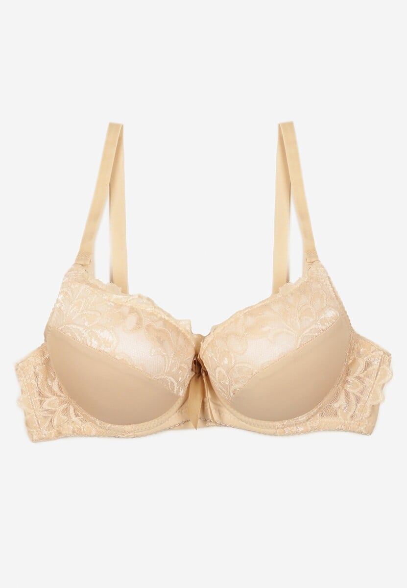 Beżowy Biustonosz Push Up Ozdobione Koronką Sonevia