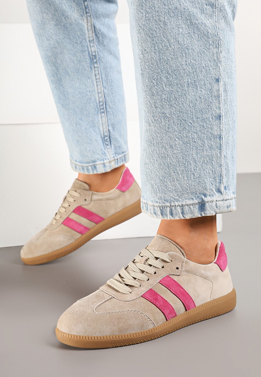 Beżowo-Różowe Płaskie Sneakersy z Wkładką ze Skóry Naturalnej Ozdobione Paskami Neladria