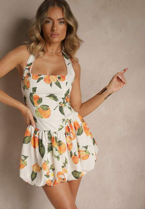 Beżowa Sukienka Bombka w Owocowy Wzór Sileona