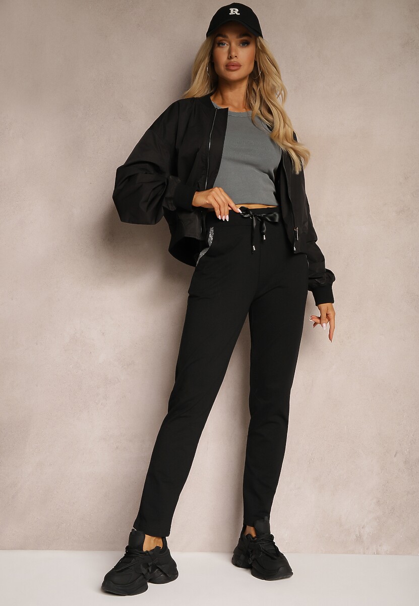 Czarne Dresowe Spodnie z Gumką w Pasie High Waist z Cyrkoniami Bravur