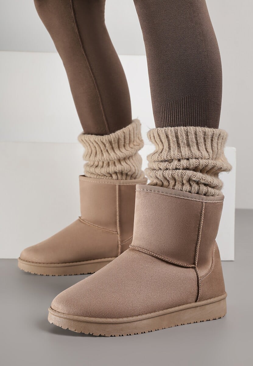 Ciemnobeżowe Śniegowce z Przeszyciami po Bokach Retena