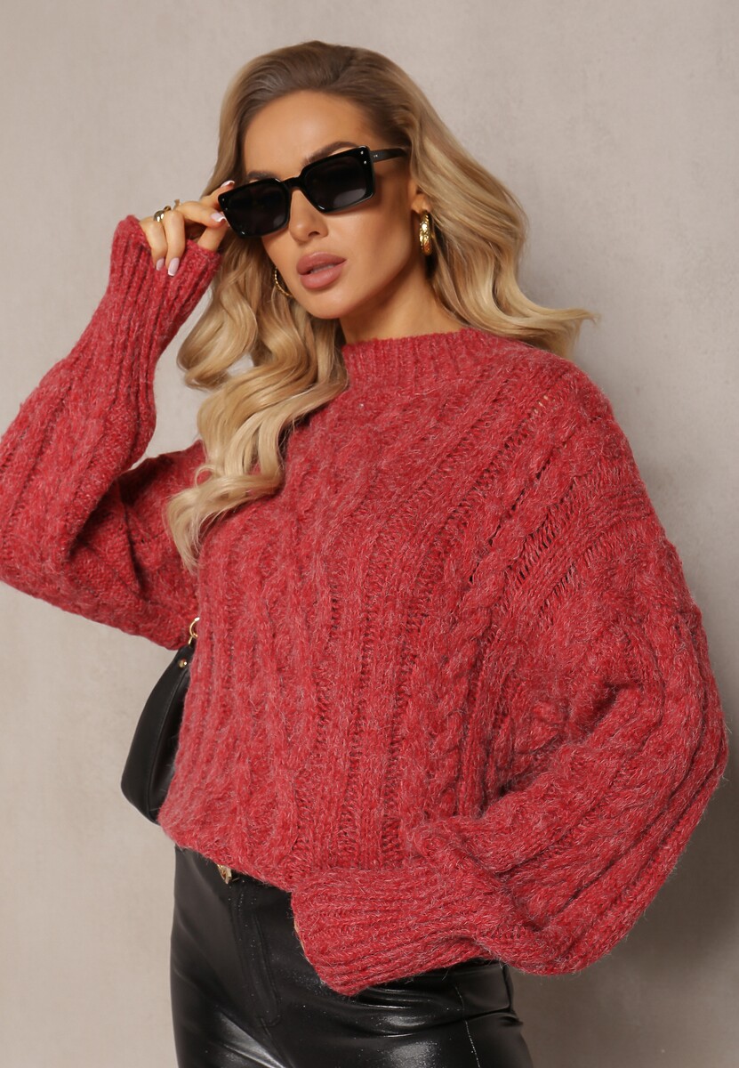 Czerwony Luźny Golf w Ozdobny Splot Atterta