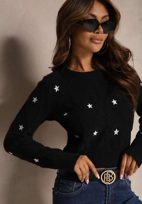 Czarny Sweter z Wiskozą Ozdobiony Gwiazdkami i Splotem Ivinna