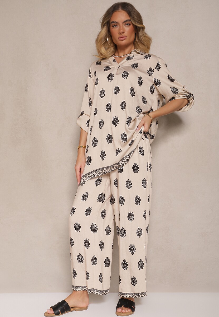 Jasnobeżowy Komplet z Wiskozą Oversize Koszula i Spodnie Zdobione Etnicznym Printem Janea