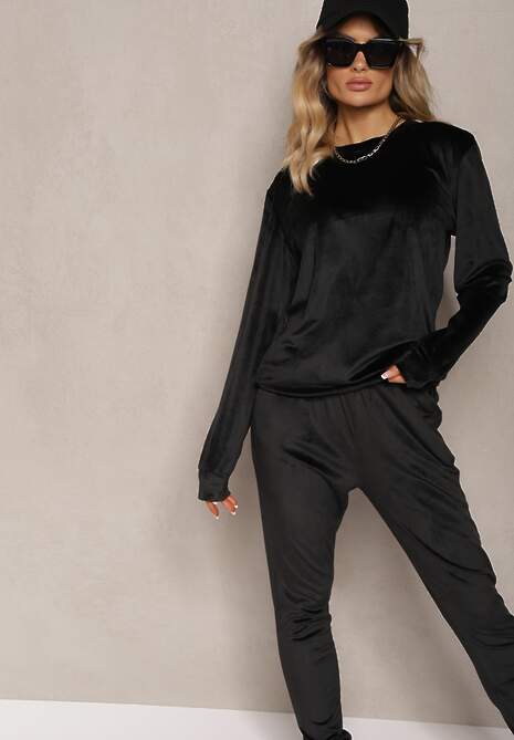 Czarny Komplet Dresowy z Bawełną Bluzka i Spodnie z Troczkami Evildra