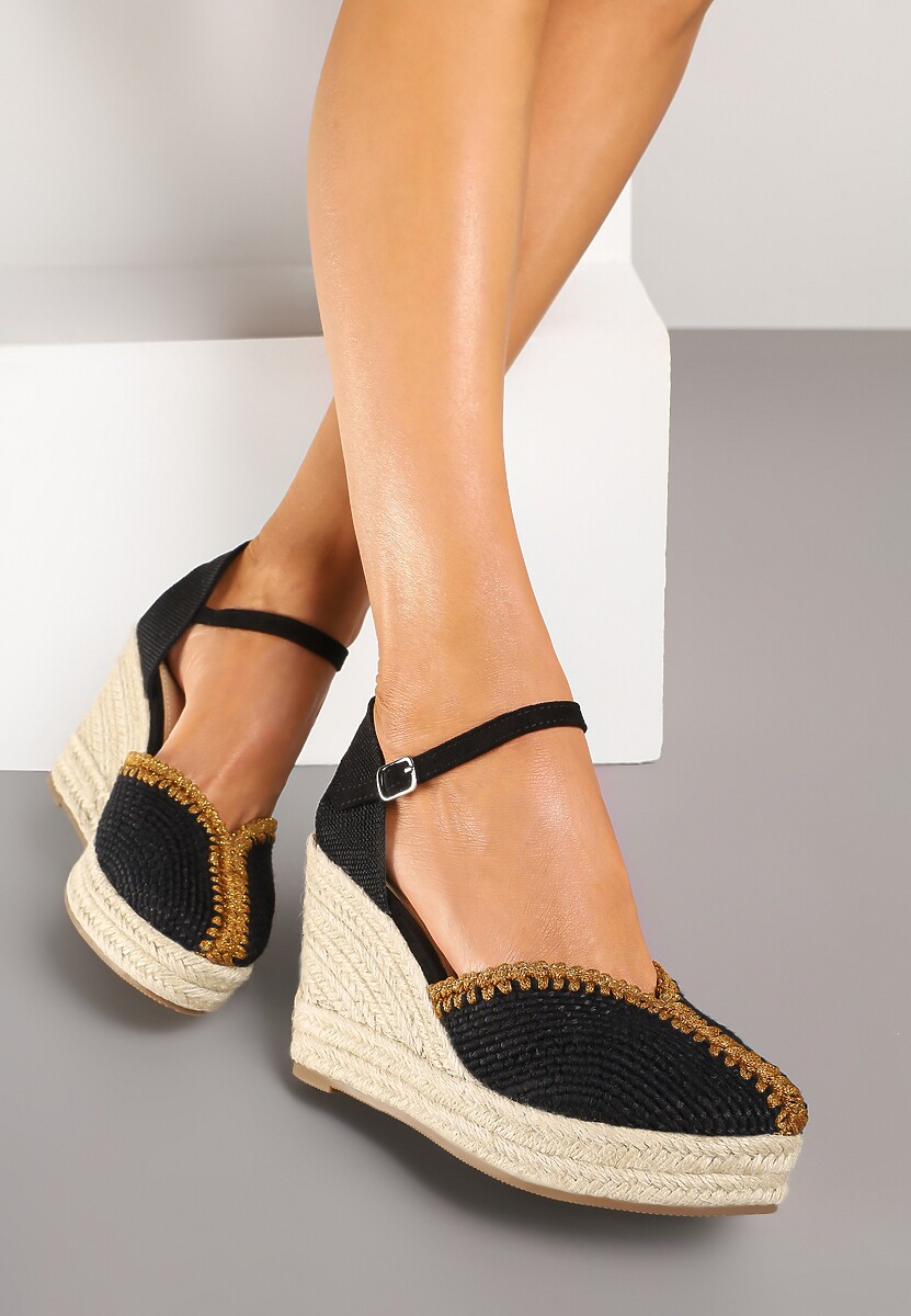 Czarne Sandały na Koturnie z Plecionką Zeirea