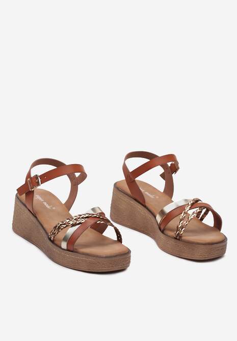 Brązowe Sandały Espadryle na Ozdobionym Plecionką Koturnie Tsuumi