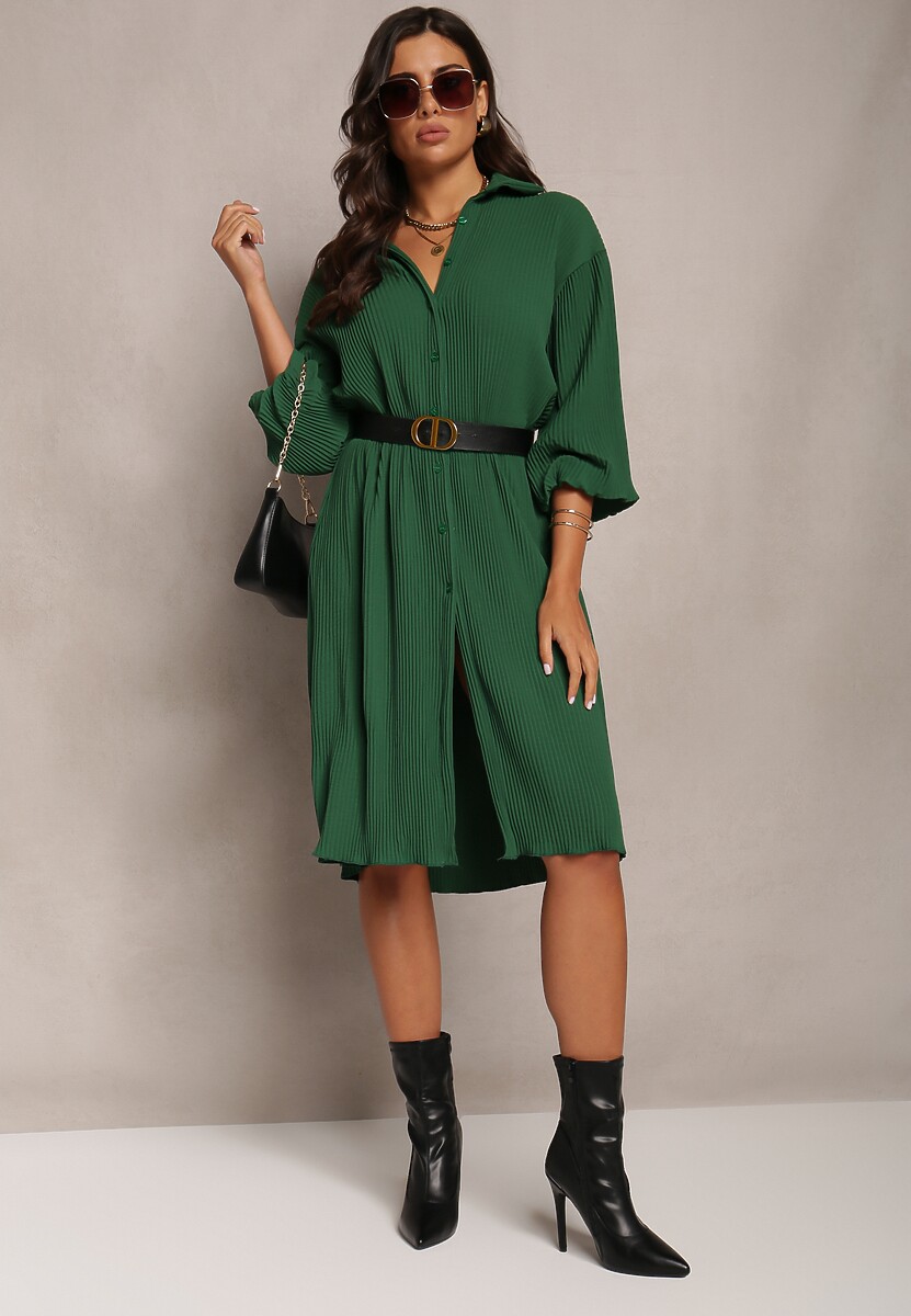 Ciemnozielona Plisowana Sukienka Midi z Kołnierzem i Guzikami Danitza